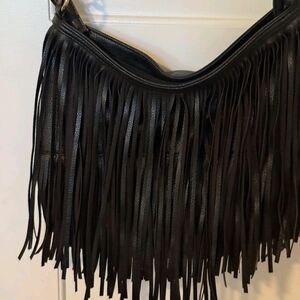 BLACK Faux Pebble Leather Fringed And Studded Crossbody Handbag Purse